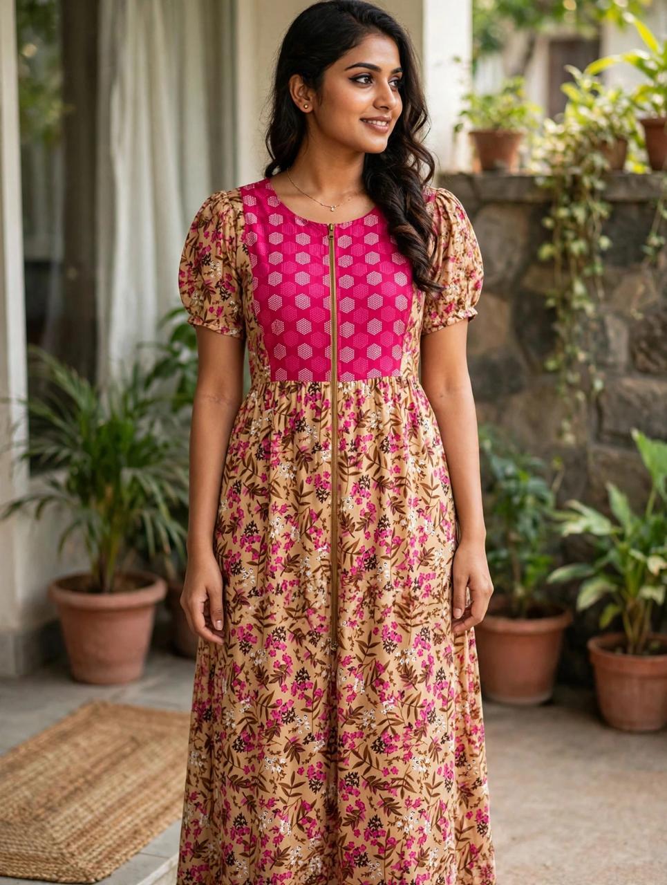 Women's Premium -Maxi nighty with puff sleeve and side pocket - Style 3