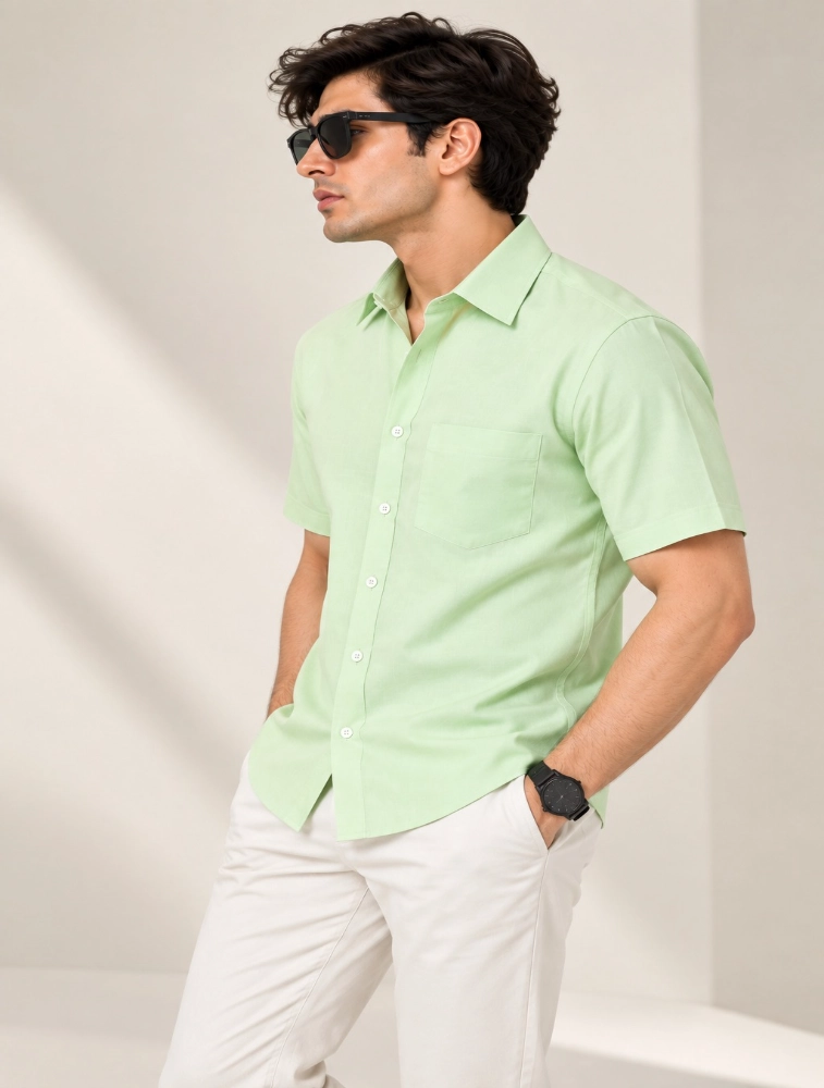 Light Green Mens Slim Fit Solid Casual Shirt