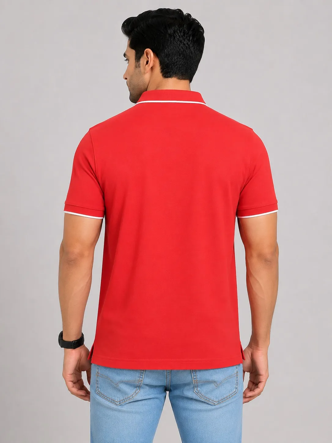Red Mens Premium Eco Blend 240 GSM Pole T Shirt With White Jacquard Collor With Contrast Tipping