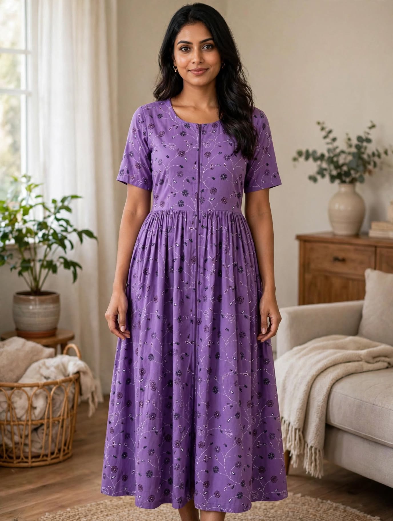Women's Premium - Frock Nighty with invisible zip,side pocket and normal sleeve - Style 2