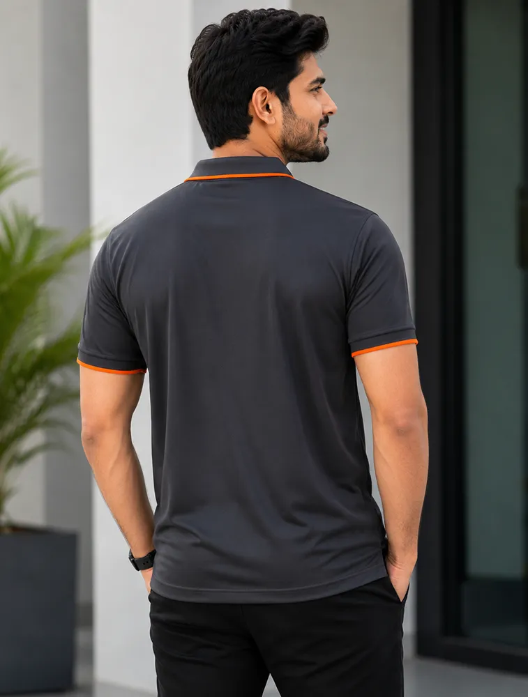 Dark Grey Mens Dri Fit Mars 200 GSM Polo T Shirt with Orange Tipping