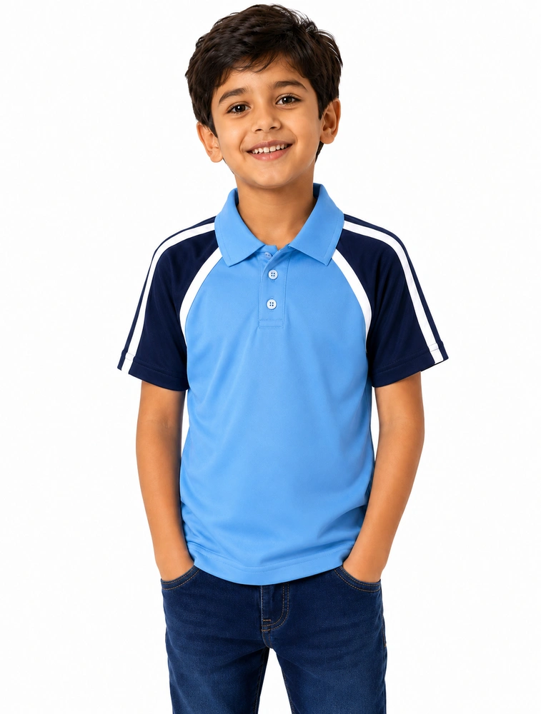 Sky Blue Kids Superpoly 220 GSM Polo with Contrast Raglan Sleeve with Net Folding (30-32)