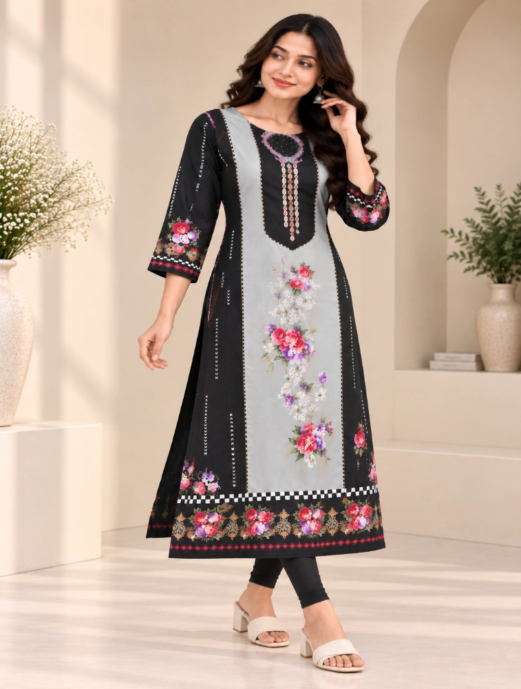 Powder Grey Womens Graceful Ethnic Embroidered Kurta