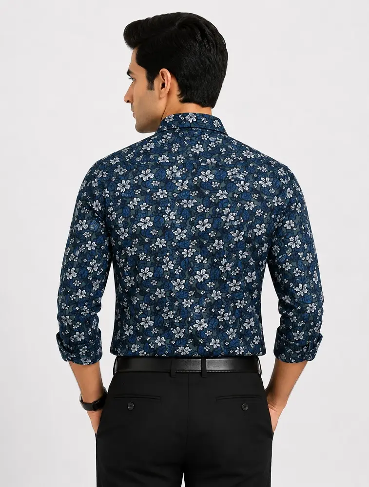 Dark Green Blue  Mens Printed Casual Cotton Shirt