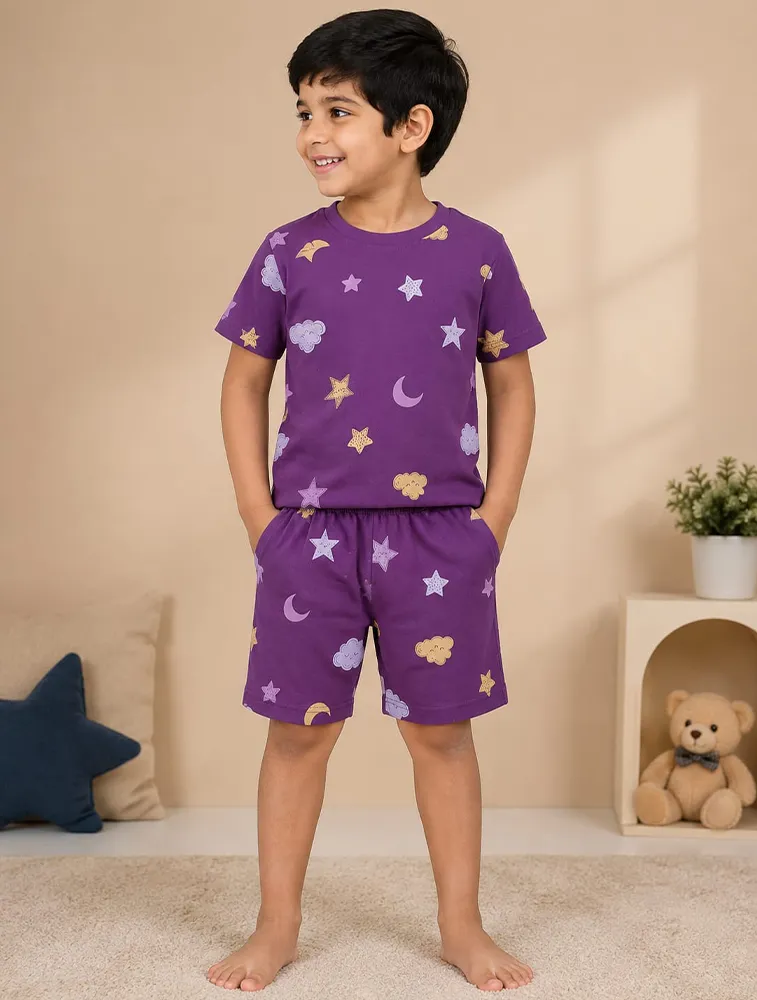Purple  Kids Premium Printed T Shirt and Shorts set