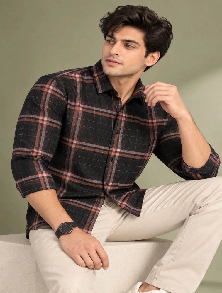 Graphite Black  Mens Slim Fit Checks Casual Shirt