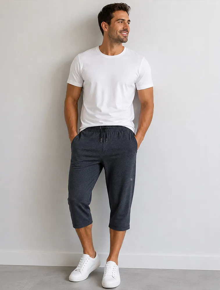 Navy Melange Men Cotton 3/4 Shorts With Drawstring