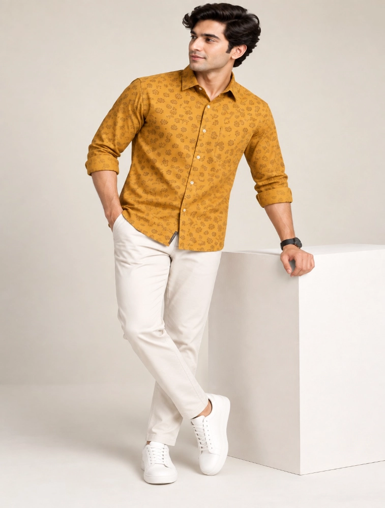 Mustard Yellow Mens Premium Slim Fit Printed Shirt