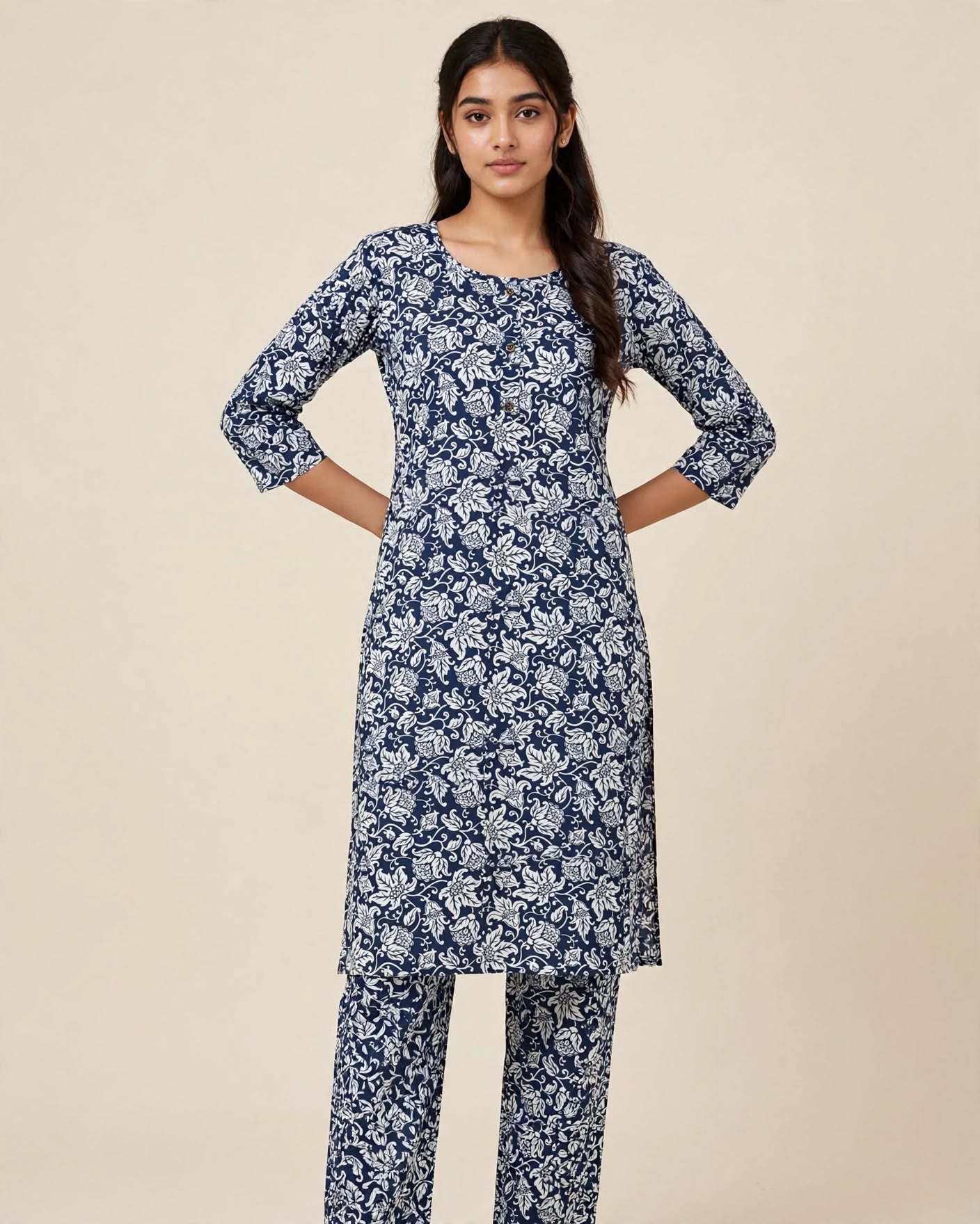 Night Suit cum Kurties Set (Floral Print) - Style 3