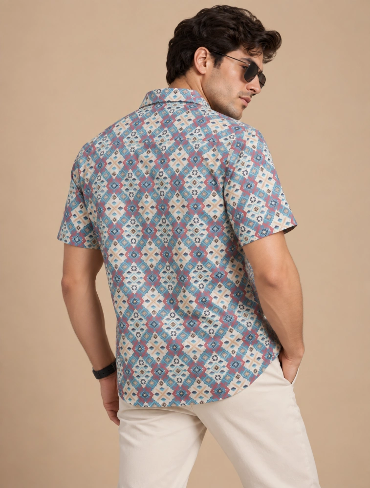 Multi Color Geometric Mens 100 percent cotton half sleeve printed shirt