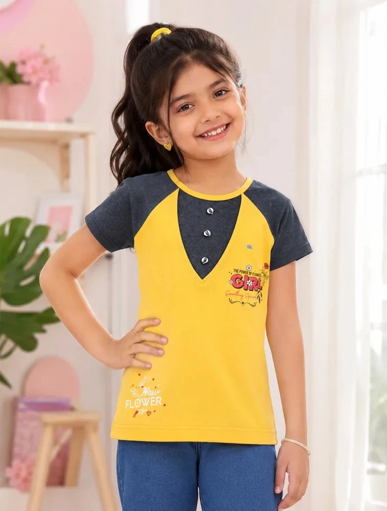 Yellow  Girls Graphic Printed Cotton Short  Sleeve T Shirt