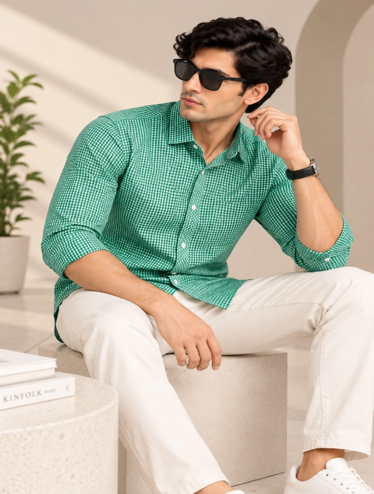 Light Green Mens Slim Fit Checks Casual Shirt