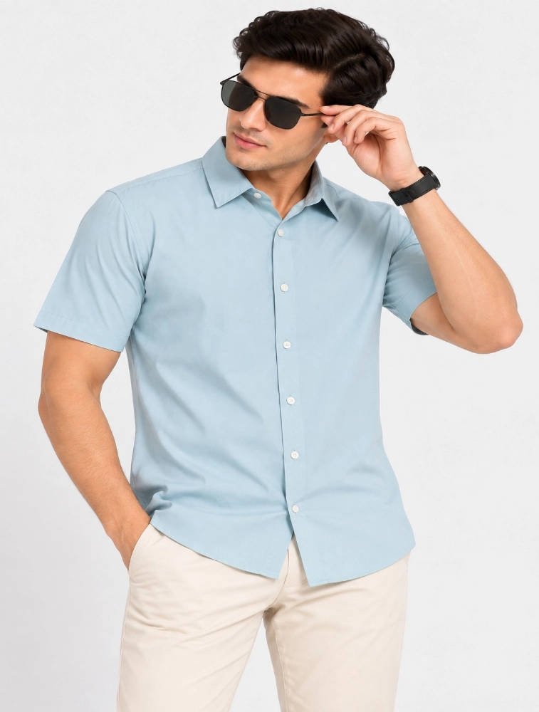Sky Blue Mens Slim Fit Solid Casual Shirt