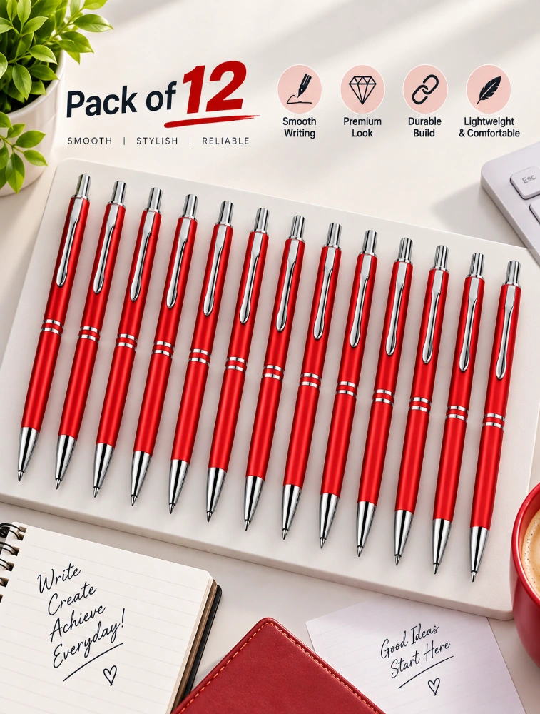 Red Premium Glossy Steel Ball Pen with Silver Clip Pack of 12