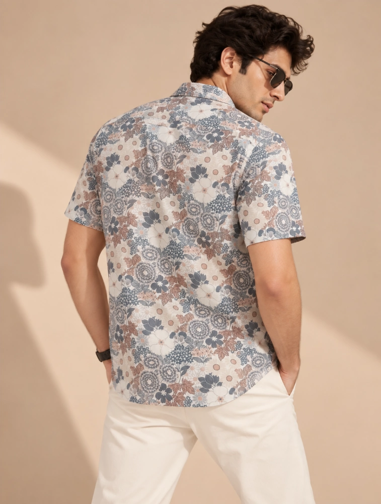 Cream Multicolor Mens 100 percent cotton half sleeve printed shirt