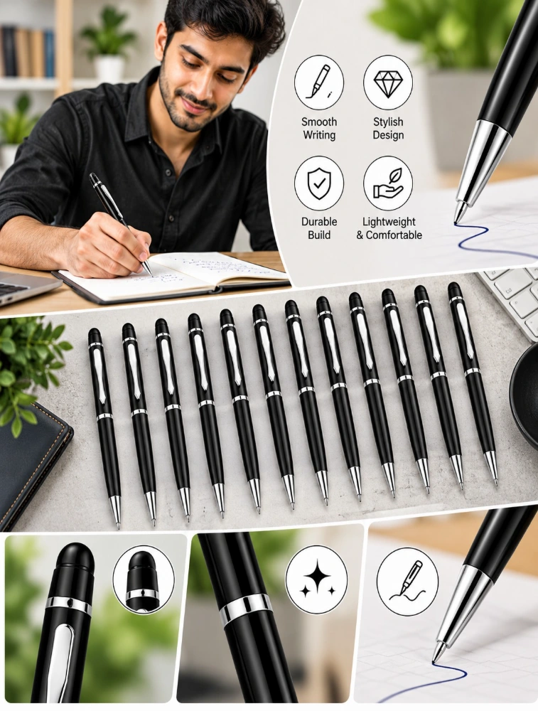 Black Premium Slim Metal Ball Pen with Silver Clip Pack of 12