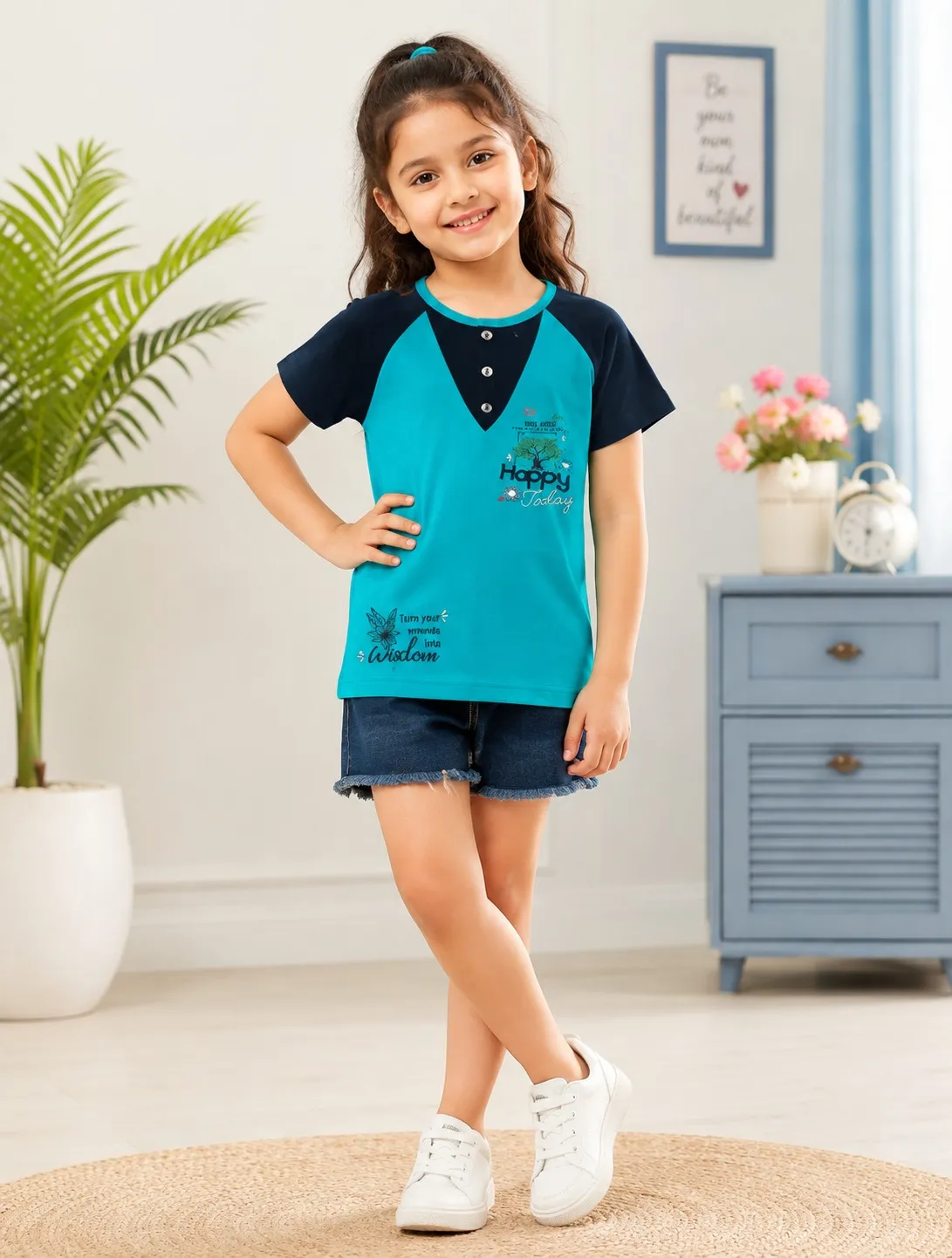 Sky Blue Girls Graphic Printed Cotton Short  Sleeve T Shirt