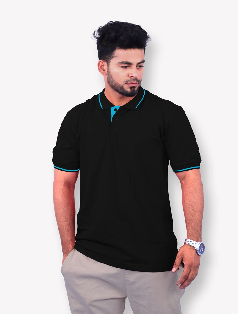 Black Cotton Polo Half Sleeve 240 GSM with Sky Blue Tipping