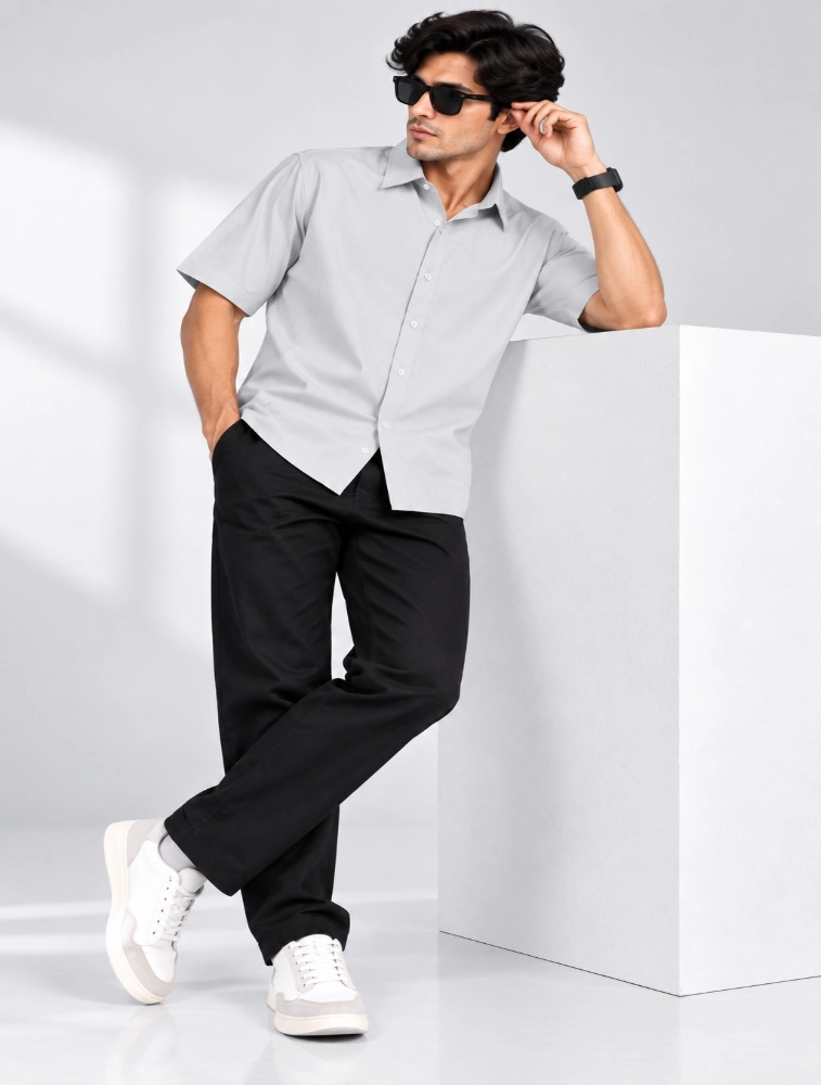 Light Grey Mens Slim Fit Solid Casual Shirt