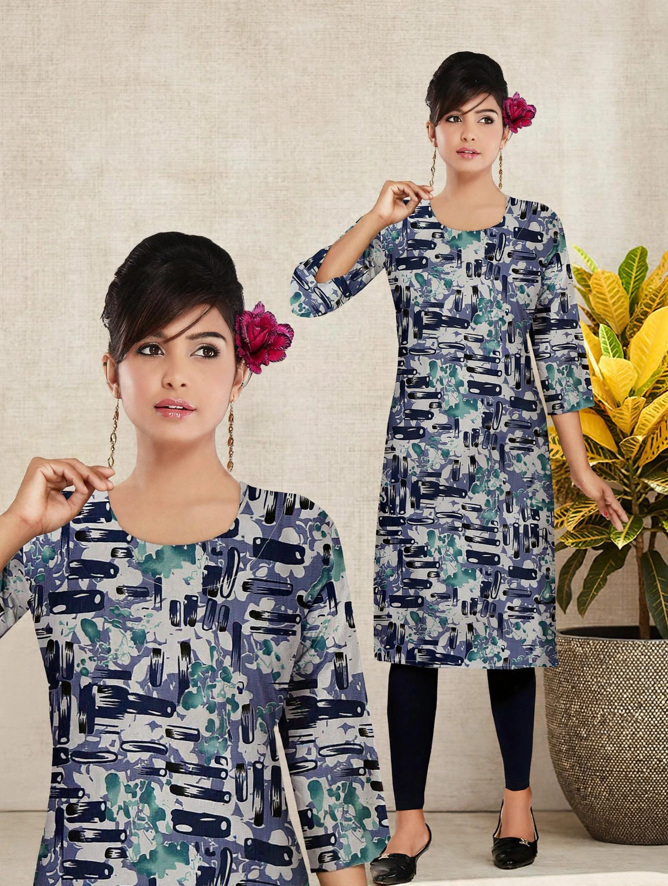  Sugarcane print viscose rayon women kurta straight cut - Style 2
