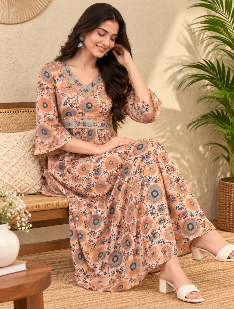 Orange Womens Elegant Floral Printed Casual Top