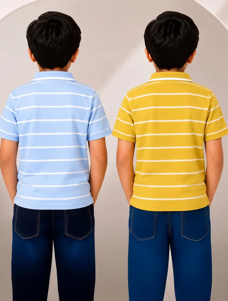 Denim Blue and Mustard Yellow Combo Boys Kids 190 GSM Striped Half Sleeve Polo T Shirt