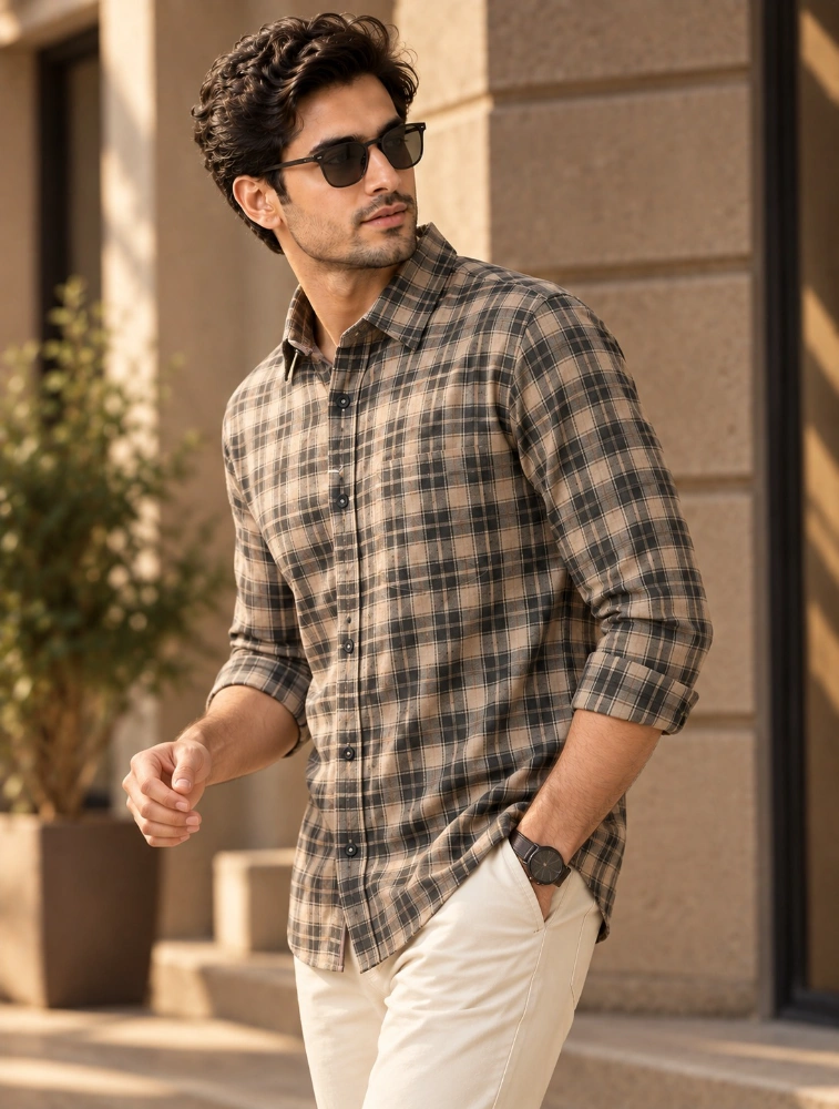 Brown Mens Slim Fit Checks Casual Shirt