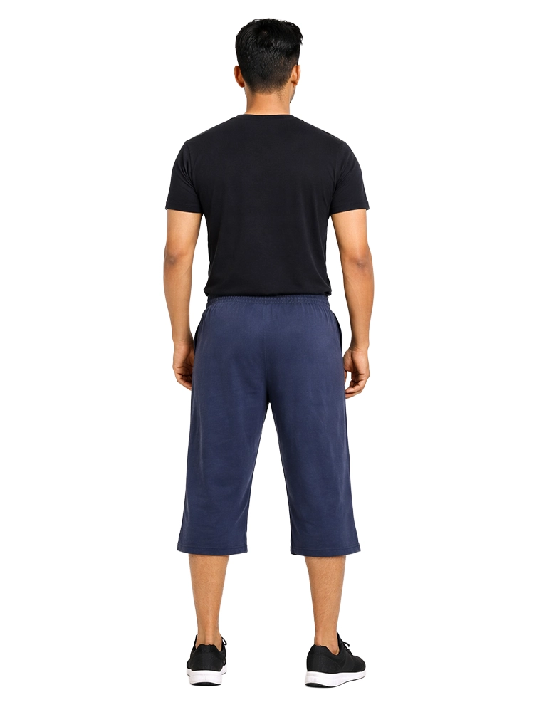 Navy Blue Men Cotton 3/4 Shorts With Drawstring