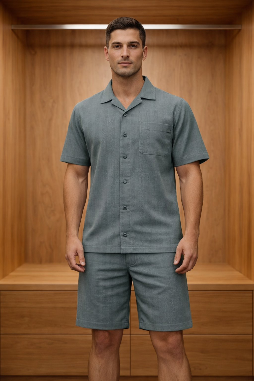 Moss Green Herringbone PC Lycra Shirt and Shorts Co-ord Set