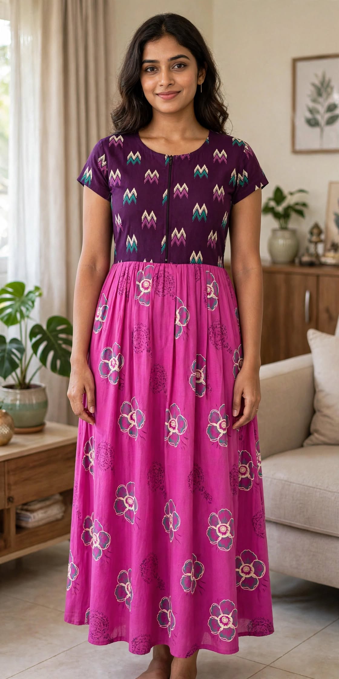 Women's Premium - Frock Nighty with invisible zip,side pocket and normal sleeve - Style 1
