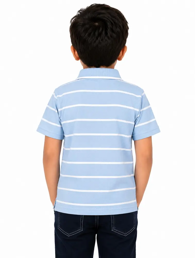 Denim Blue Boys Kids 190 GSM Striped alf Sleeve Polo T Shirt
