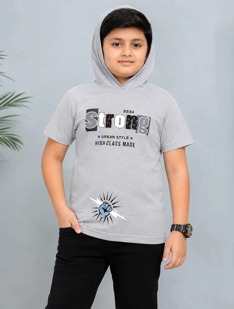 Light Grey Boys Premium Printed Half Sleeve Cooper Hood  T Shirt