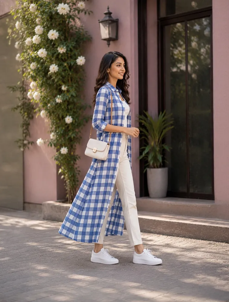 Sky Blue Womens Checked Longline Shrug