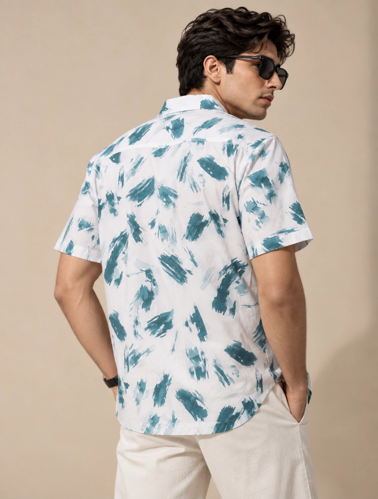 White Mens 100 percent cotton half sleeve printed shirt