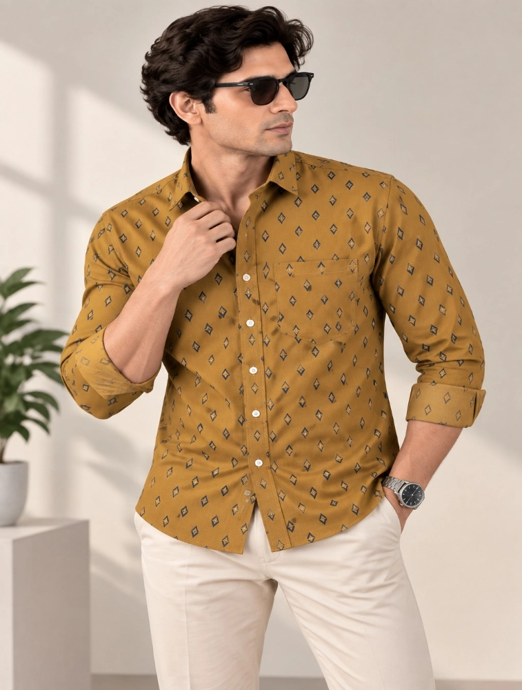 Khaki Mens Premium Slim Fit Printed Shirt
