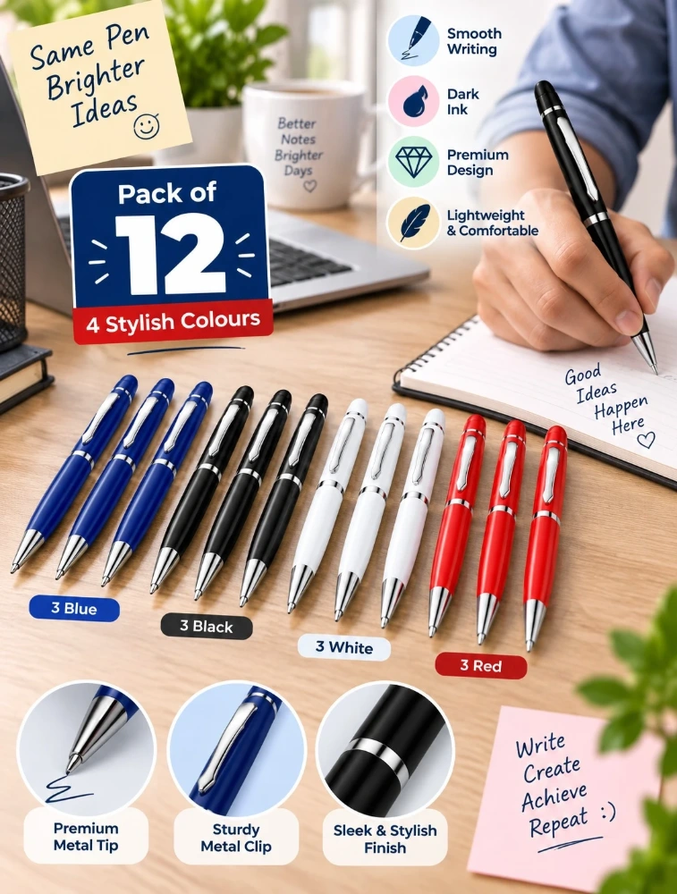 Multicolour Premium Slim Metal Ball Pen with Silver Clip Pack of 12
