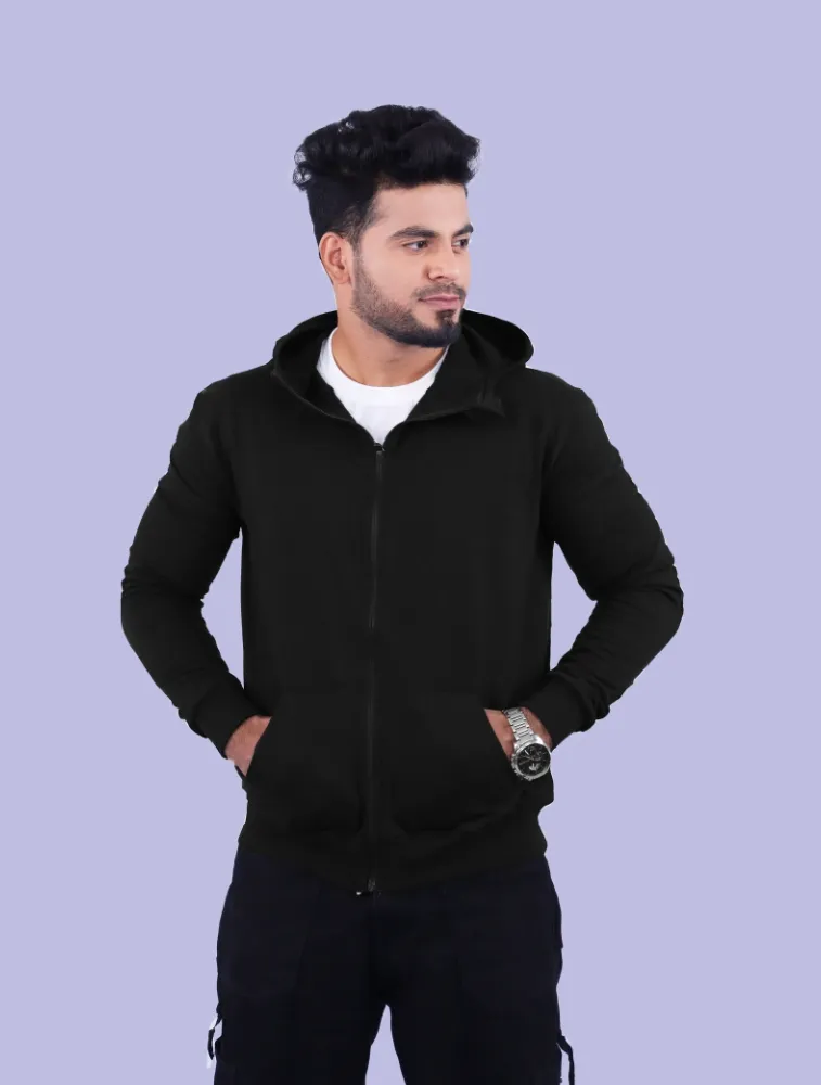 Black Cotton Hoodie with Zipper 300GSM