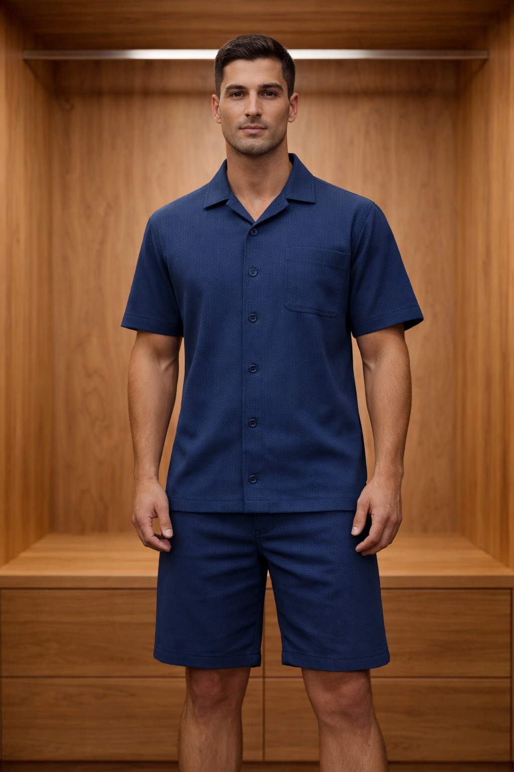 Royal Blue Herringbone PC Lycra Shirt and Shorts Co-ord Set