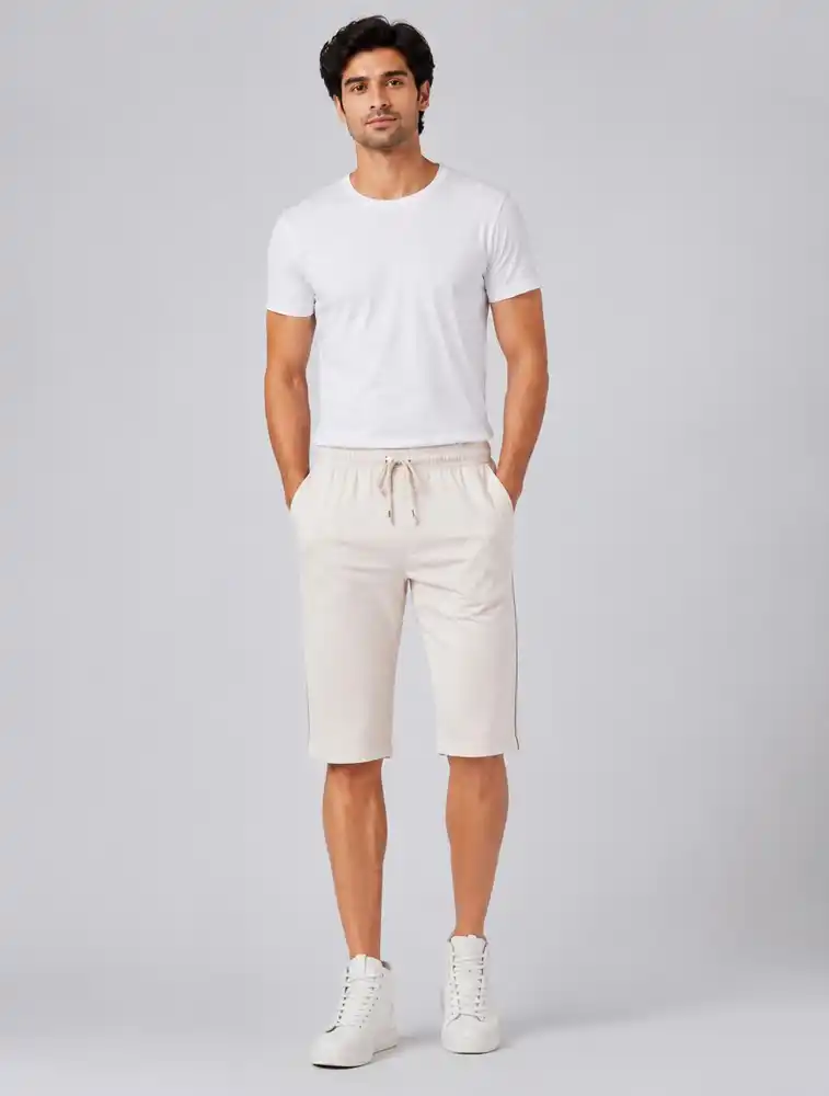 Beige Men Cotton 3/4 Shorts With Drawstring