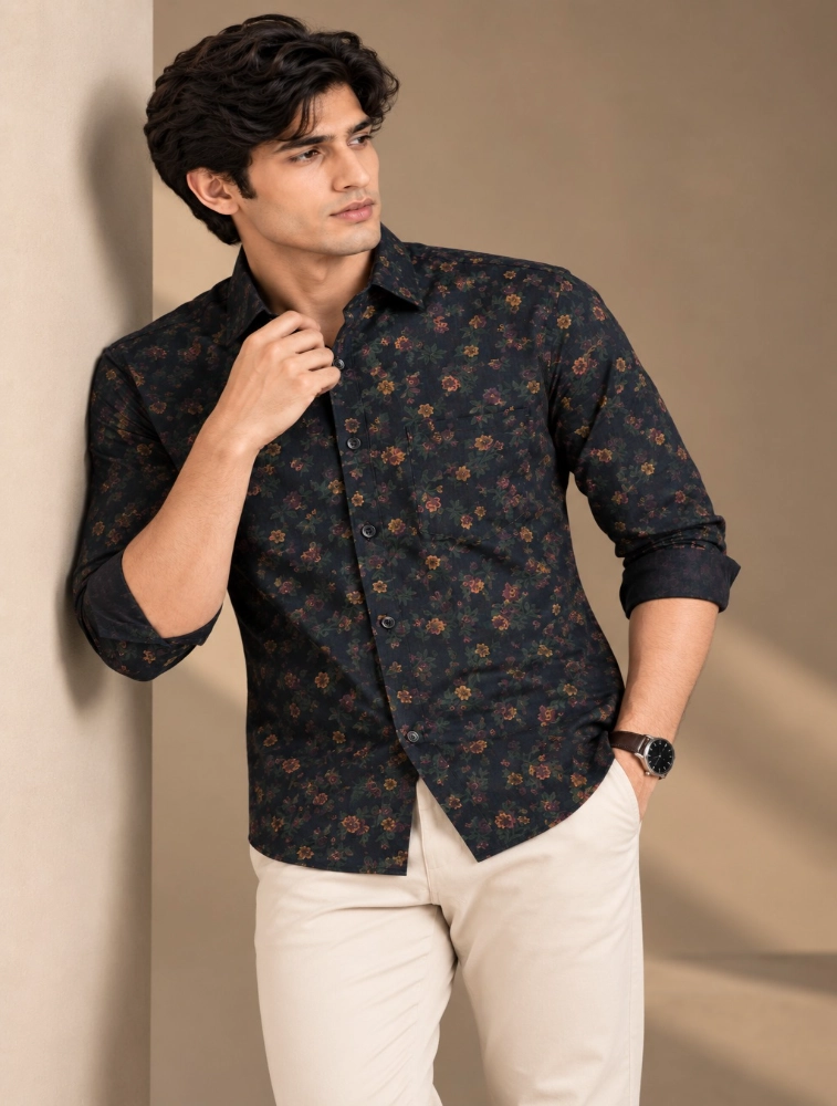 Dark Navy Mens Premium Slim Fit Printed Shirt