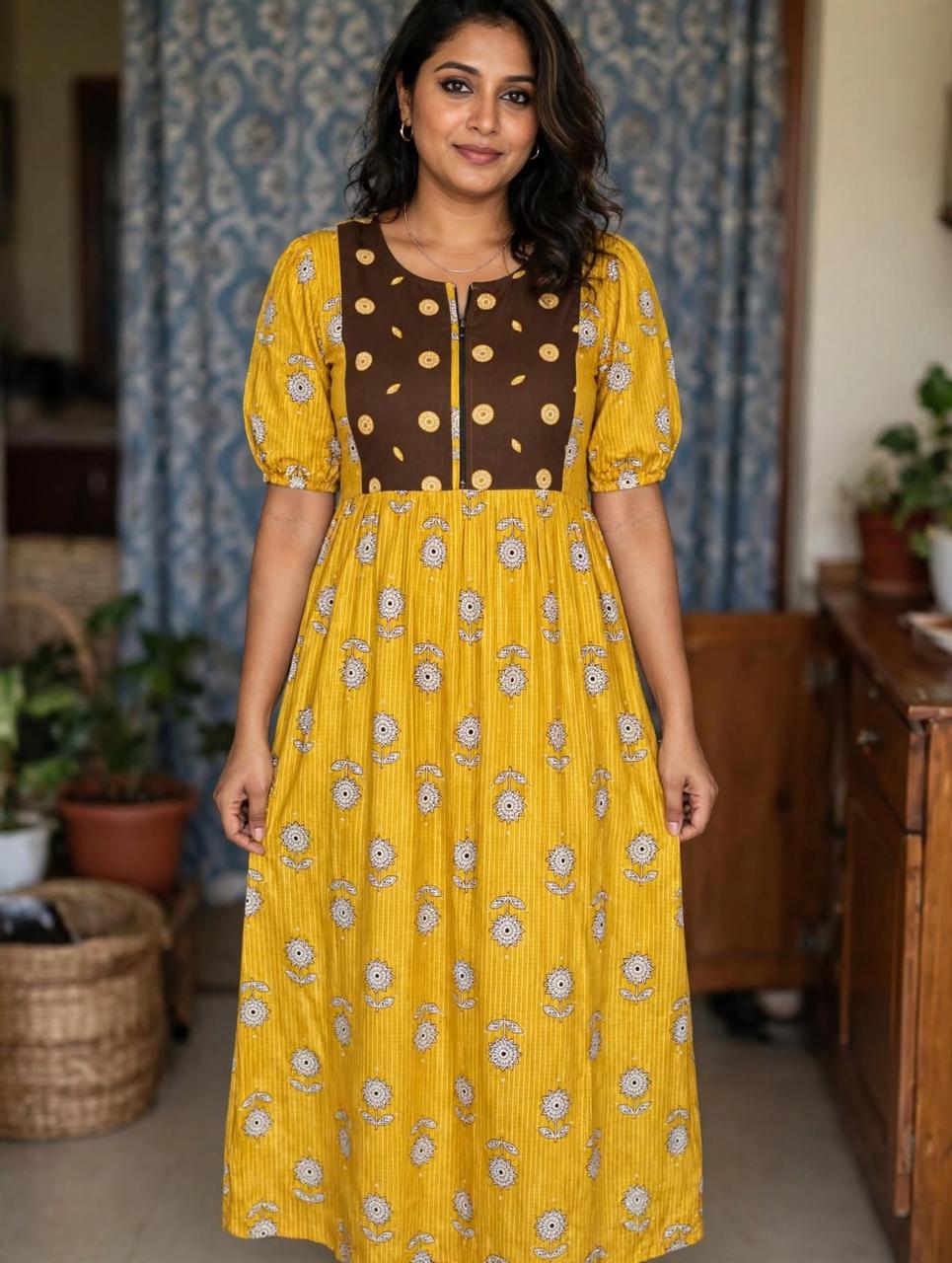 Women's Premium -Maxi nighty with puff sleeve and side pocket - Style 4