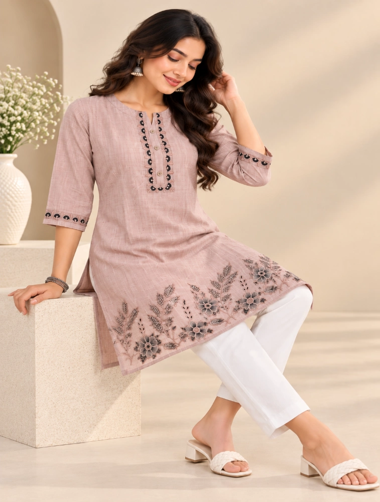 Dusky Mauve Pink Womens Graceful Ethnic Embroidered Kurta