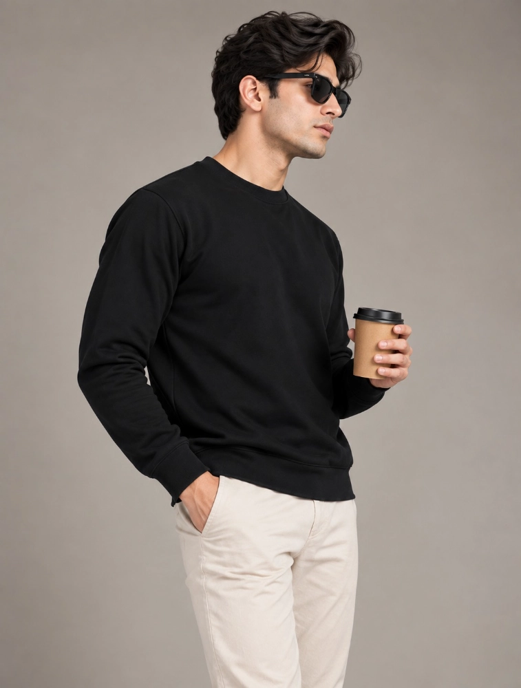 Black Polycotton Fleece Crew Neck Full Sleeve 300 GSM Sweatshirt
