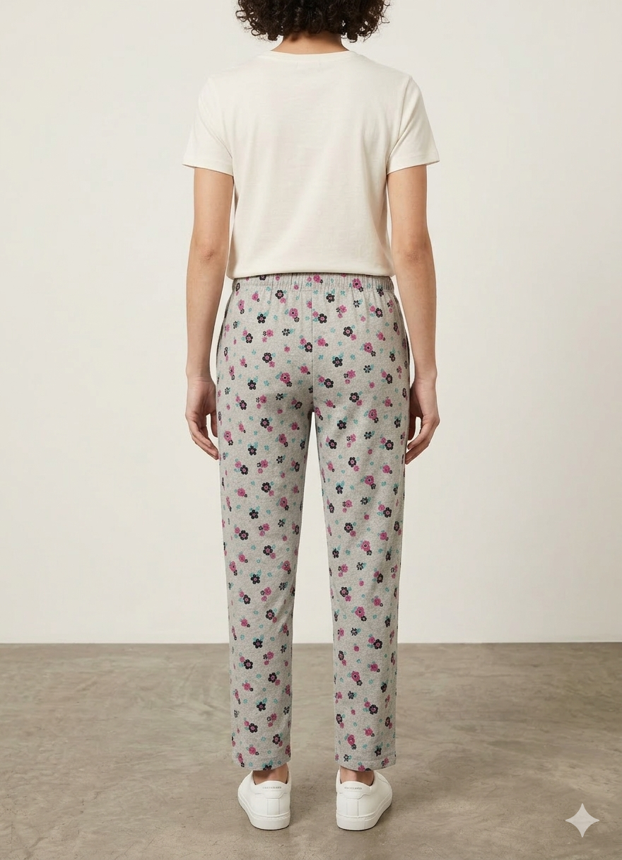 Grey Melange Womens Floral Printed Polycotton 120 GSM Lounge Pant