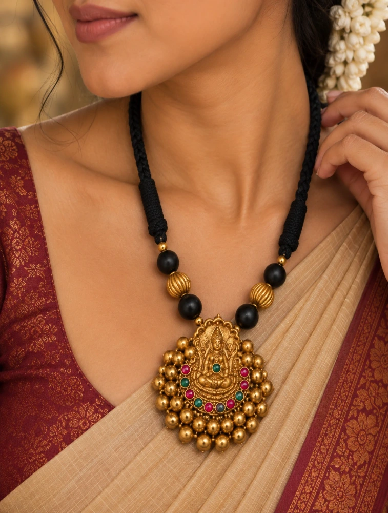 Red and Green Antique Gold Finish Lakshmi Pendant Terracotta Jewellery Set