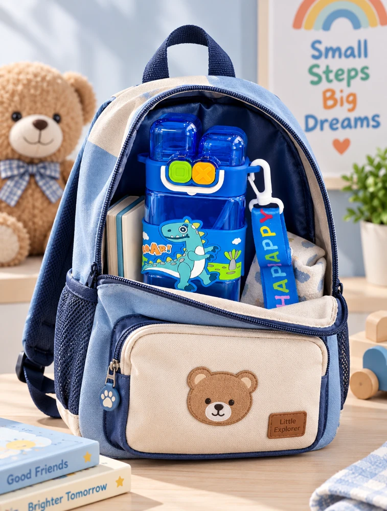 Sewad Royal Blue Kids Cartoon Water Bottle with Straw and Shoulder Strap