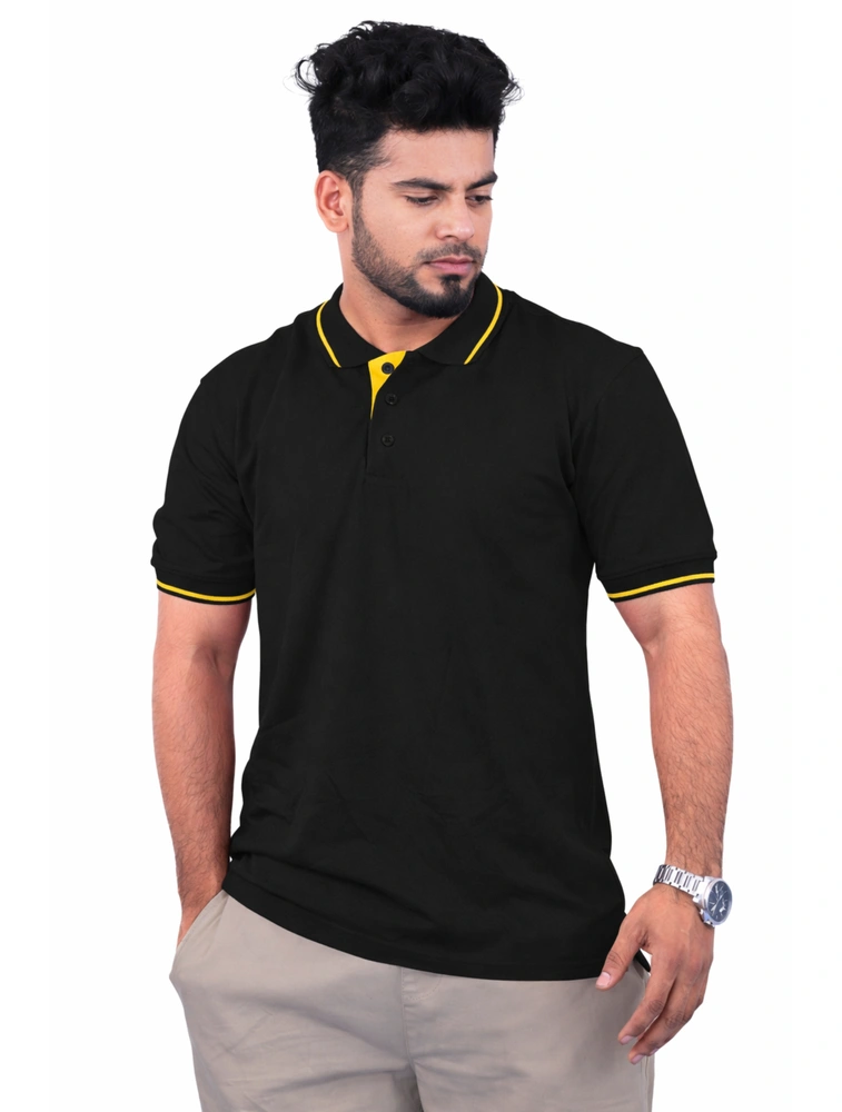 Black Cotton Polo Half Sleeve 240 GSM with Yellow Tipping