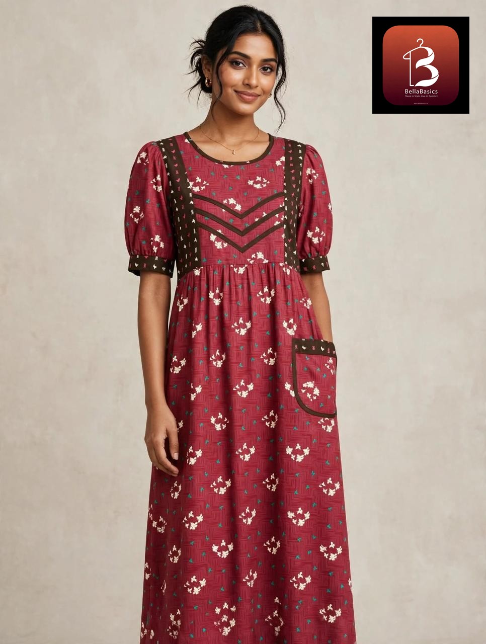 Women's Premium - Frock Nighty With0ut zip,Puff sleeve and front Pocket   - Style 3