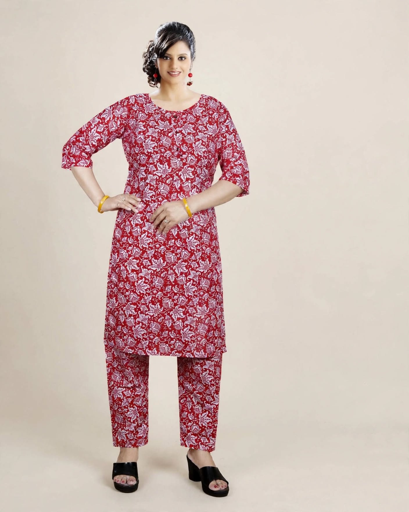 Night Suit cum Kurties Set (Floral Print) - Style 4