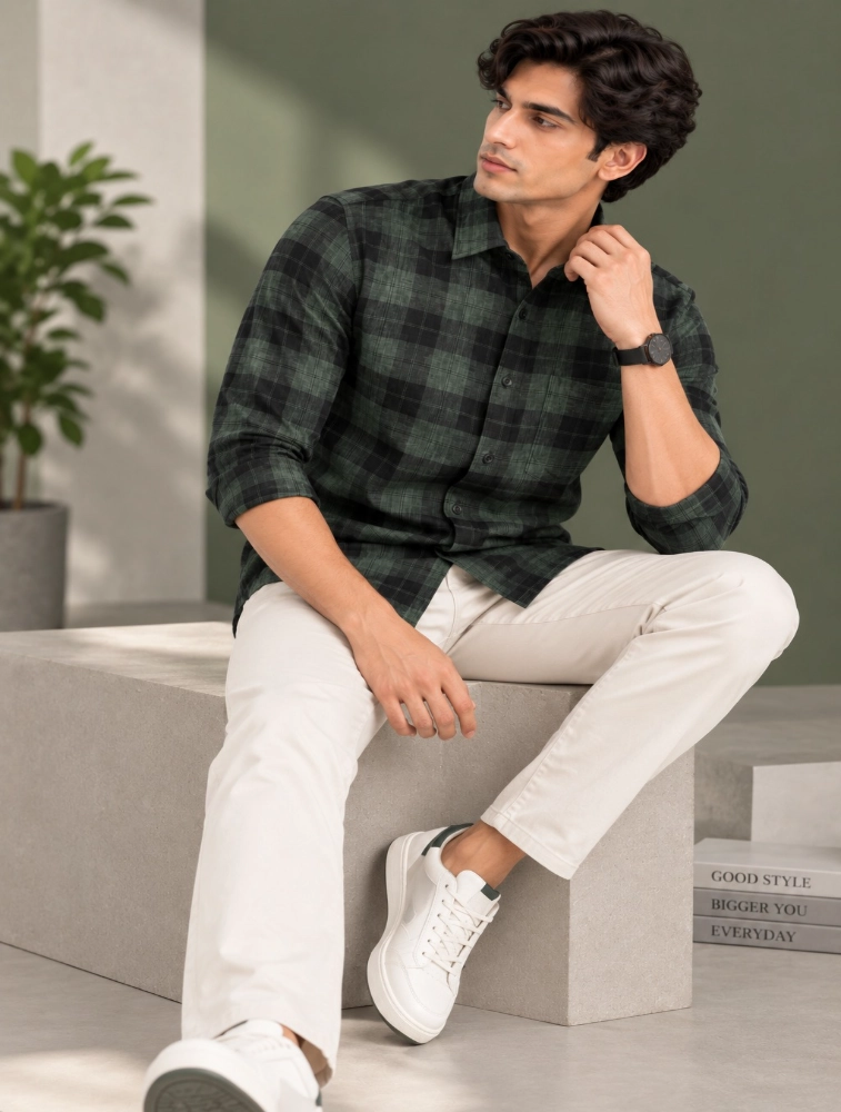 Sage Green Mens Slim Fit Checks Casual Shirt